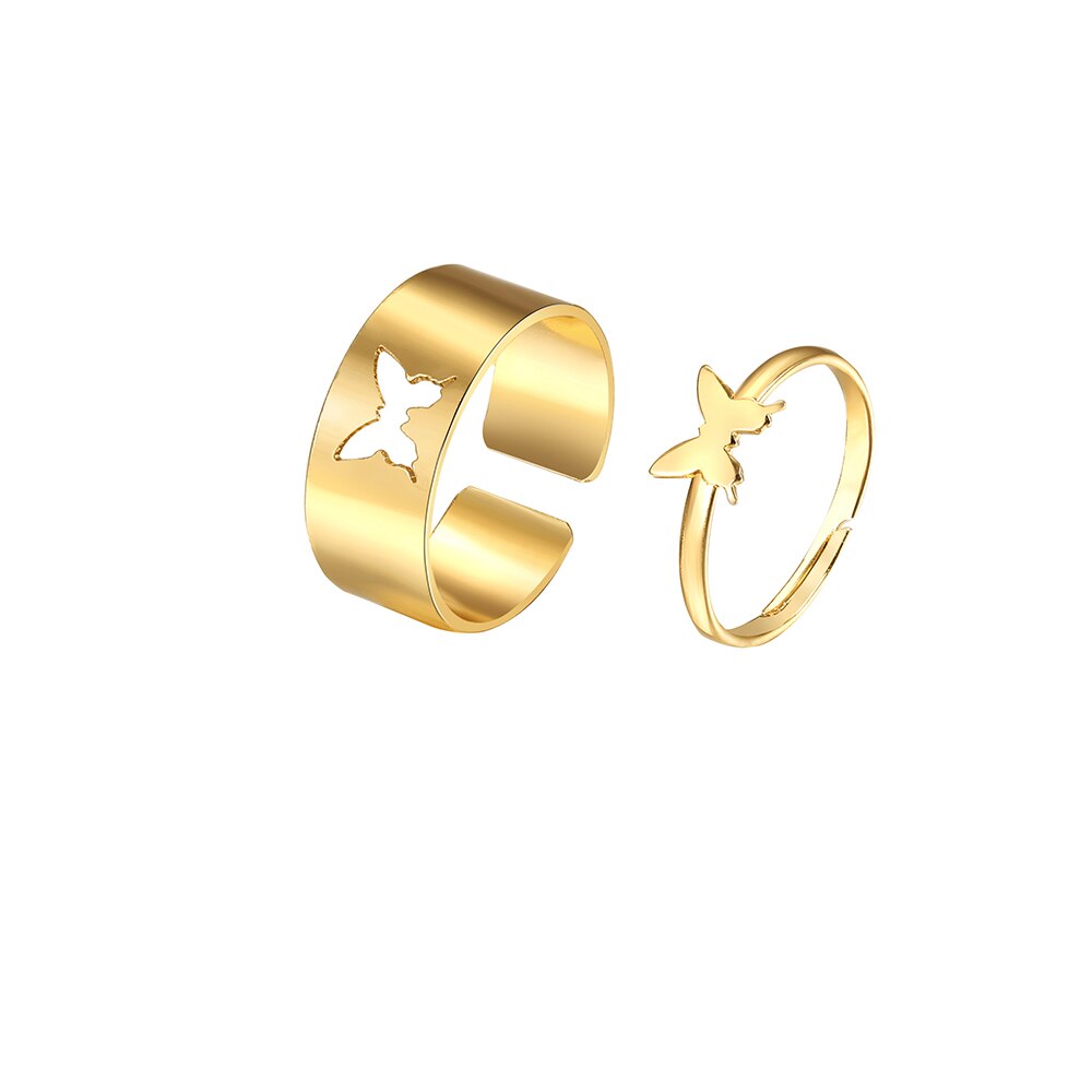 Set 2 nhẫn kim loại mạ vàng bạc hình bướm màu sắc đơn giản cho cặp đôi