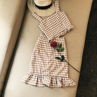 (ORDER) Set váy áo hai dây croptop kẻ caro