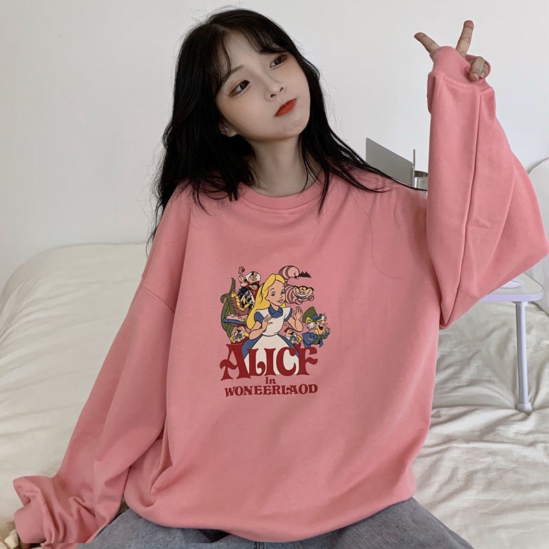 ZHELIHANGFEI Áo Nỉ Cổ Tròn Form Rộng Họa Tiết Hoạt Hình Dễ Phối Đồ