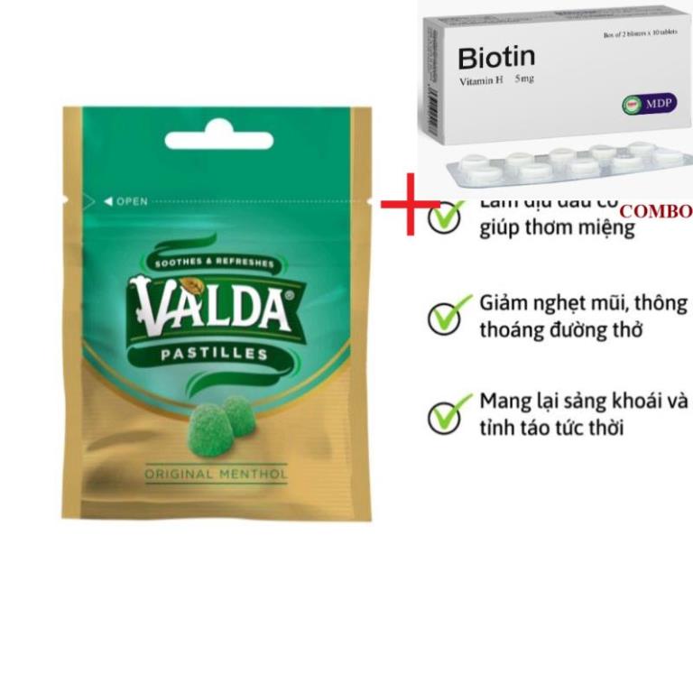 Combo Biotin 5mg+ Kẹo dẻo VALDA vị chanh - vị bạc hà túi zip 20g