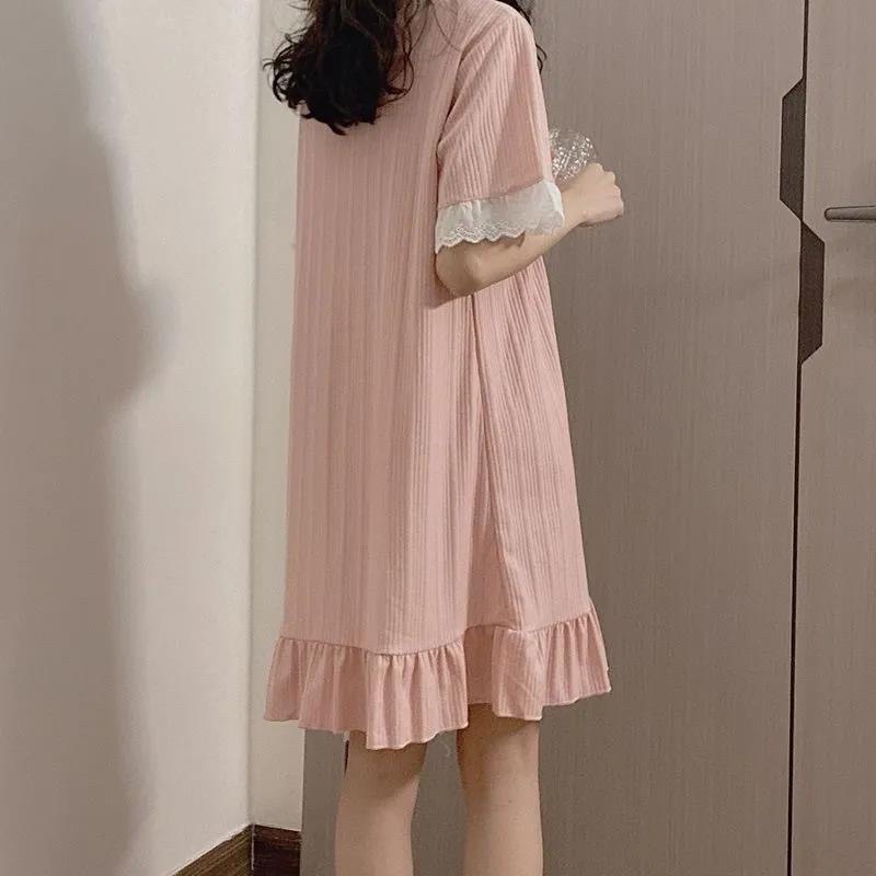 Váy ngủ nữ lưới nơ đỏ mùa hè phiên bản hàn quốc rời học sinh dễ thương ngọt ngào váy dài tay ngắn mặc nhà