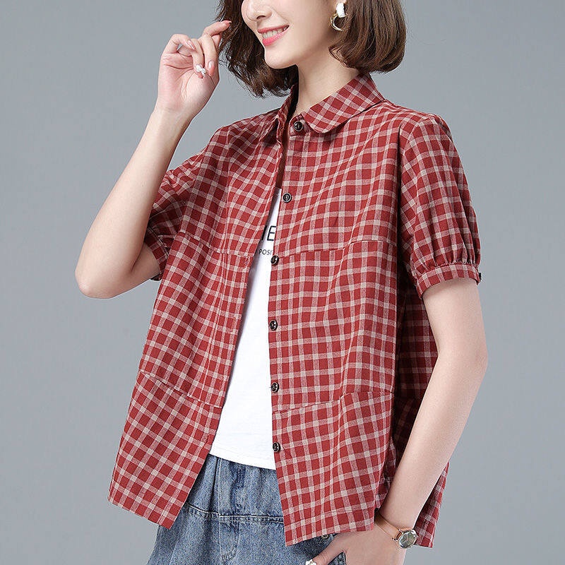 Áo Sơ Mi Tay Ngắn Dáng Rộng Họa Tiết Sọc Caro Thiết Kế Mới Thời Trang Mùa Hè Dành Cho