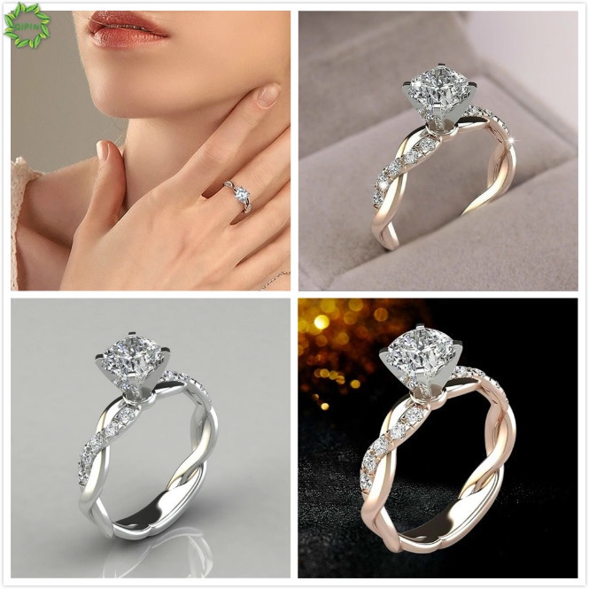 Nhẫn đính đá nhân tạo tinh xảo thiết kế xoắn phong cách retro thanh lịch