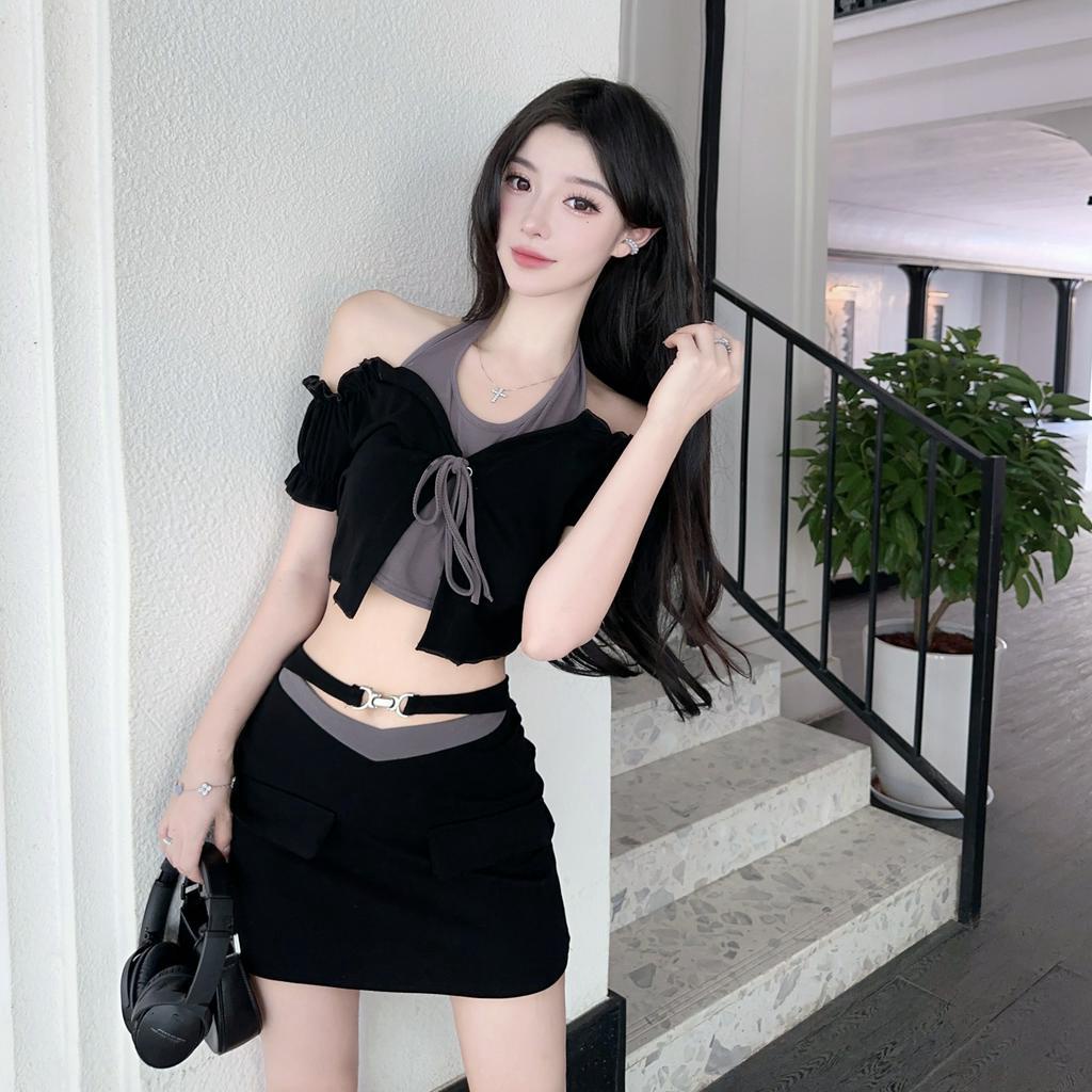 Set Áo Hở Vai Giả Hai Lớp Phối Màu Tương Phản + Chân Váy Thời Trang Mùa Hè Cho Nữ