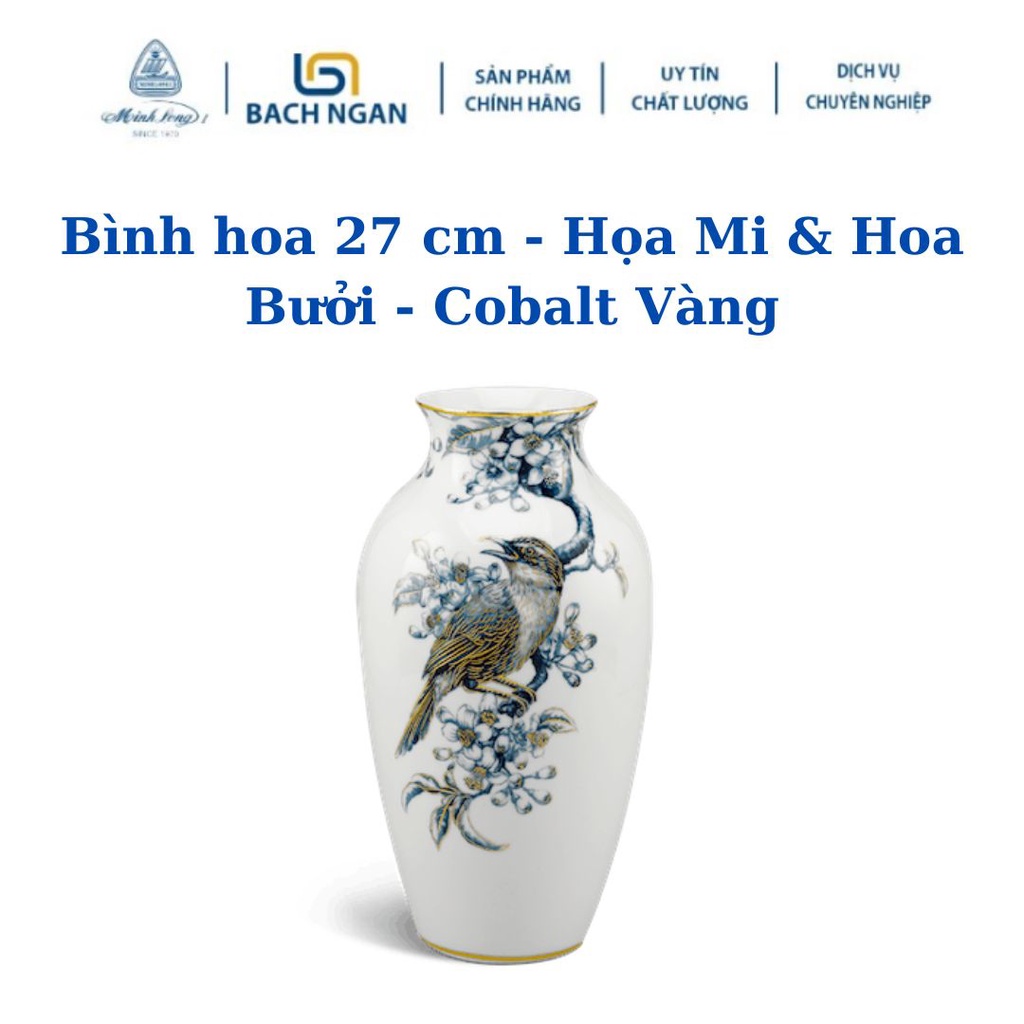 Bình hoa 27 cm - Họa Mi & Hoa Bưởi - Cobalt Vàng dùng trang trí, làm quà tặng đối tác, bạn bè, tân gia