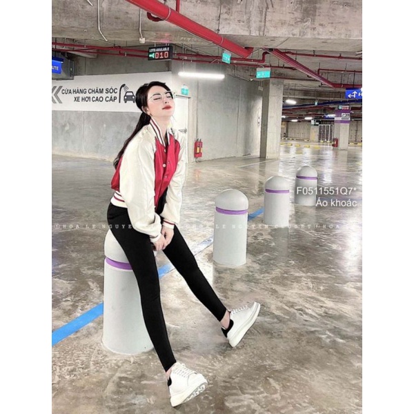 Áo khoác bomber lụa hai lớp khuy bấm phối màu lưng in chữ tay dài bo viền!Freesize dưới 57kg