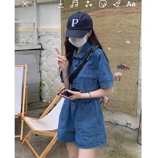 Sét áo bò croptop kèm quần short cạp chun- sơ mi jean ngắn tay lỡ 2 màu xanh đậm nhạt phong cách ulzzang hàn quốc