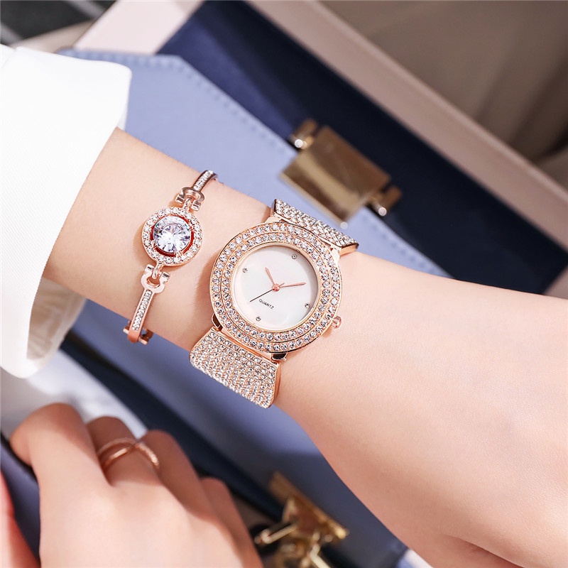 Đồng Hồ Quartz Nữ Mặt Đính Hột Xoàn Dây Thép Không Gỉ Sang Trọng