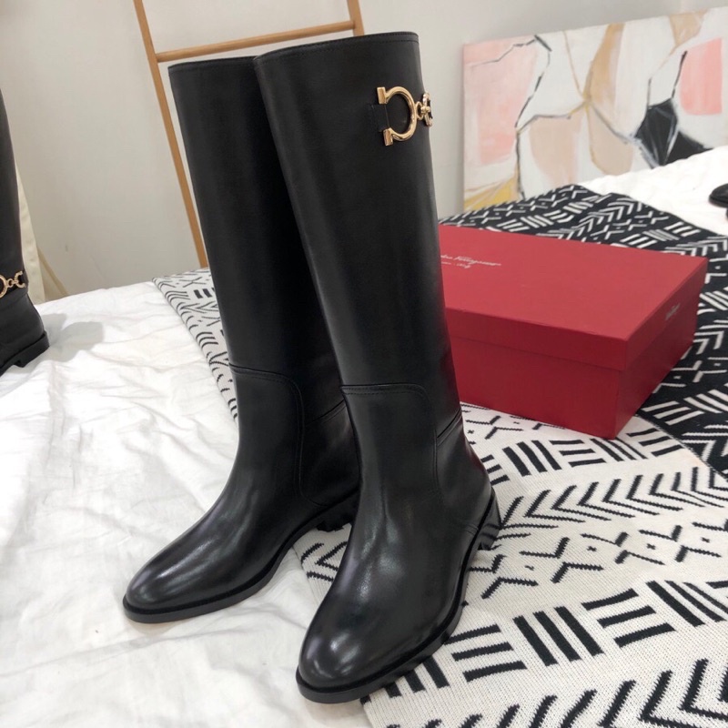 Bốt nữ cổ cao da thật thương hiệu Salvatore Ferragamo cao cấp màu đen trơn đơn giản
