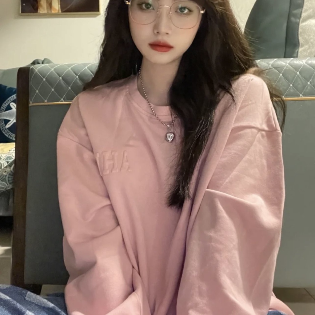 Phụ Nữ Nhỏ Nhắn [Chữ Lõm] Áo Sweater Cổ Tròn Nhỏ Màu Hồng Phong Cách Harajuku BF