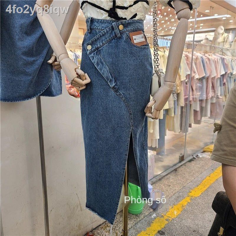 Mùa hè phong cách mới túi cạp cao ngang hông váy denim dài lưng màu đỏ lưới nửa xẻ tà xanh lam mỏng nữ