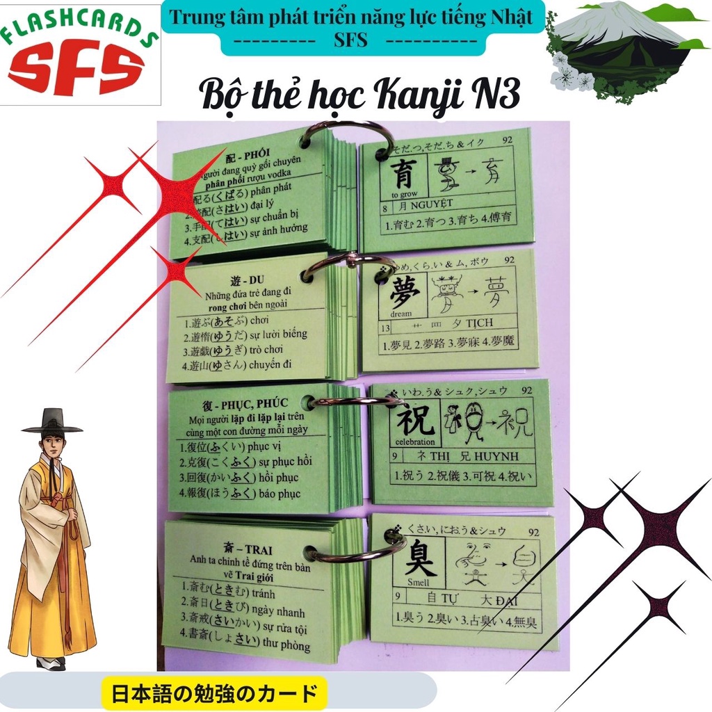 Bộ thẻ học Kanji N3_ Gồm 4 thẻ với 400 chữ Kanji được soạn theo trình thi năng lực tiếng Nhật