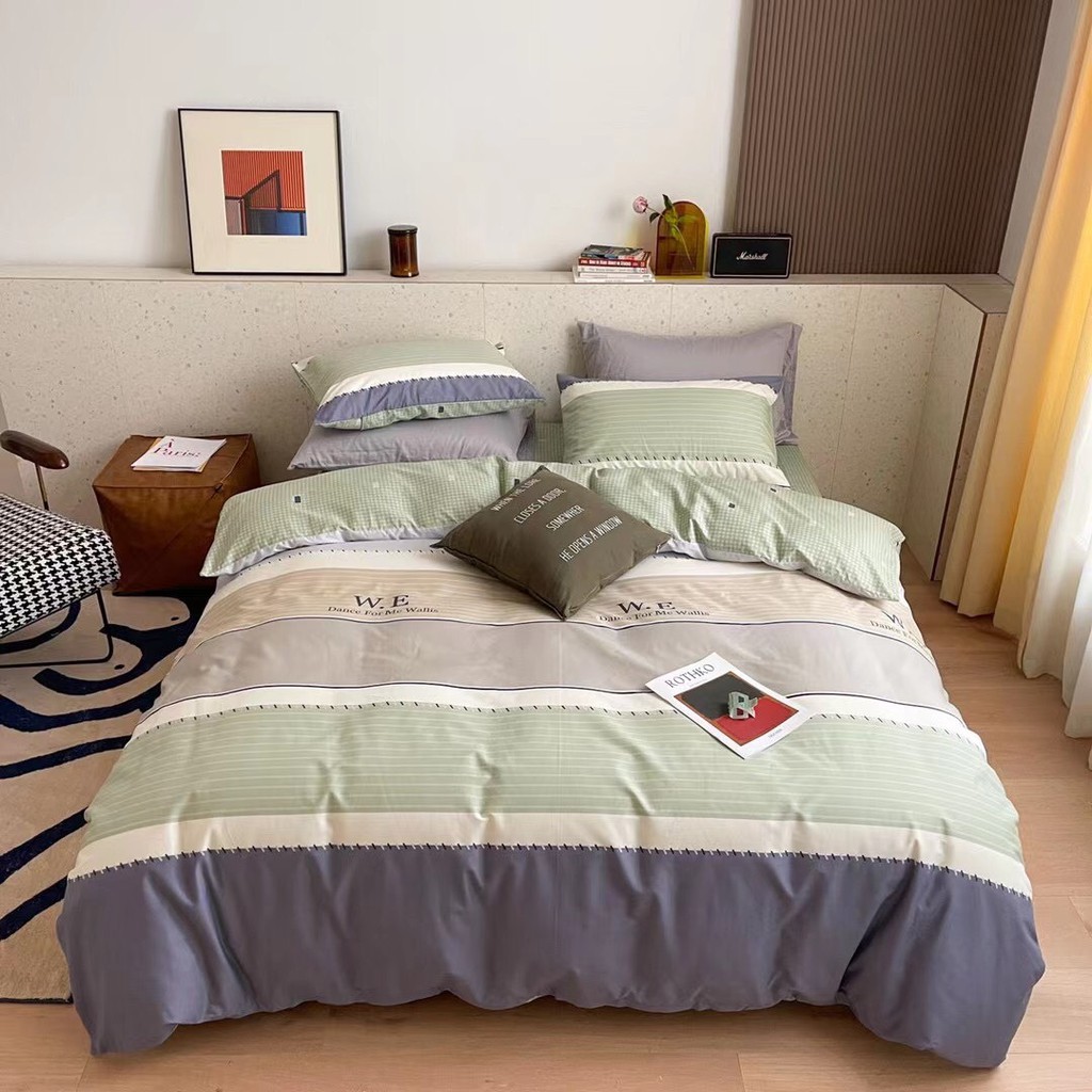 Bộ chăn ga gối Cotton Organic Bo Decor ga gối cotton Hàn Quốc kẻ 2021 miễn phí bo chun grap giường