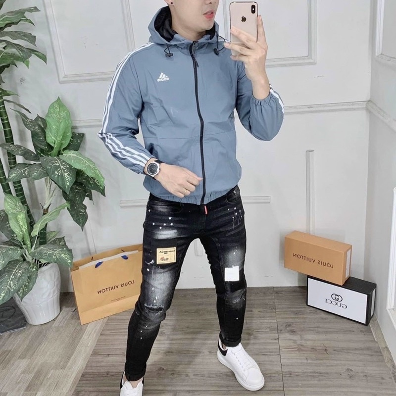 Áo khoác gió nam nữ ads phối viền 3 kẻ sọc 2 lớp dầy dặn