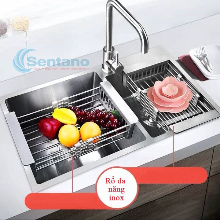 Combo 4 món chậu rửa 82x45cm 2 hố LỆCH inox304 GIÁ RẺ, TẶNG KÈM vòi nóng lạnh vung fi24+rổ inox đa năng+bộ xả chống hôi