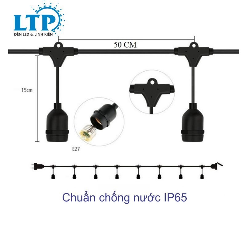 Dây đui đèn ngoài trời LTP chống nước trang trí quán cà phê, quán sân vườn - 5m 10 đui (Bao gồm bóng led nhựa 12w)