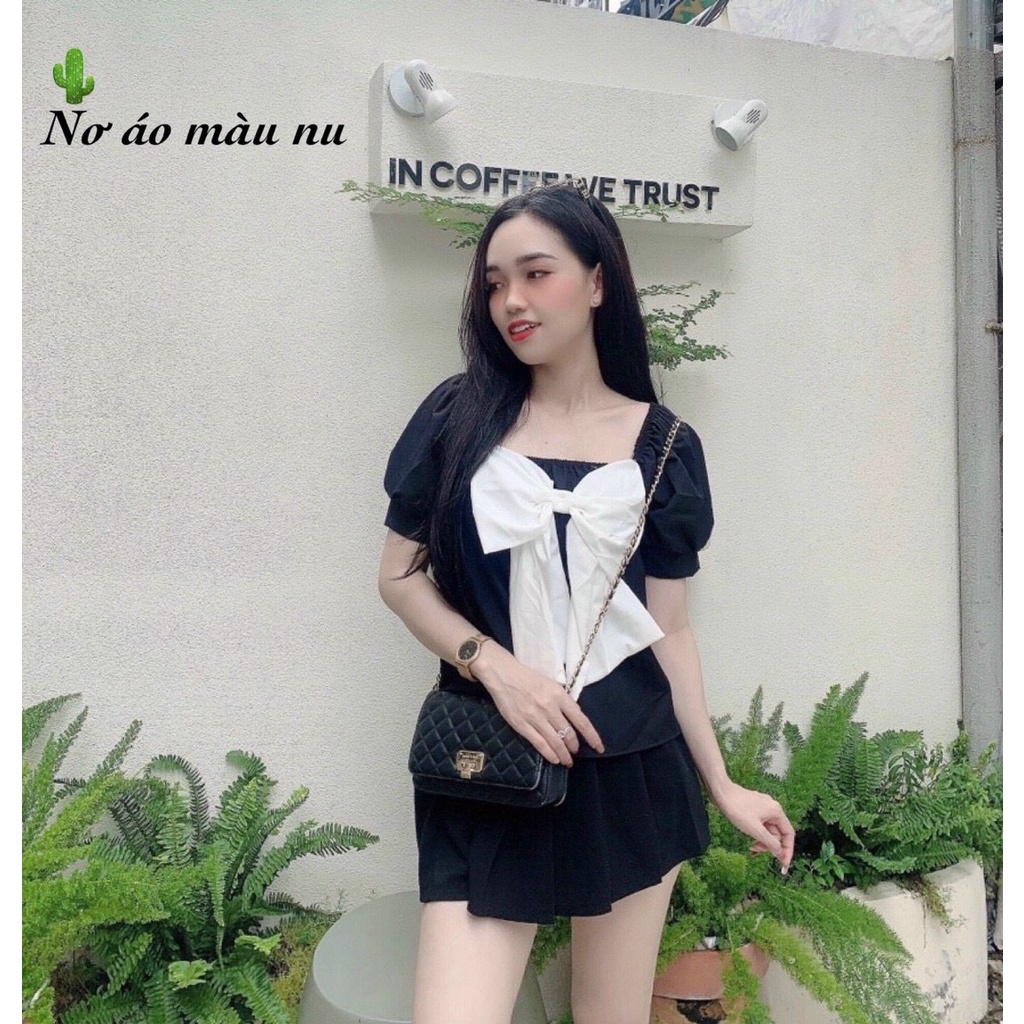 Áo kiểu nữ tay phồng cổ vuông đính nơ siêu to khác màu PC kiểu bánh bèo siêu xinh xắn