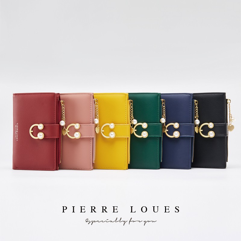 Ví cầm tay PIERRE LOUES dáng ngắn màu trơn phối khóa kéo thời trang thanh lịch cho nữ