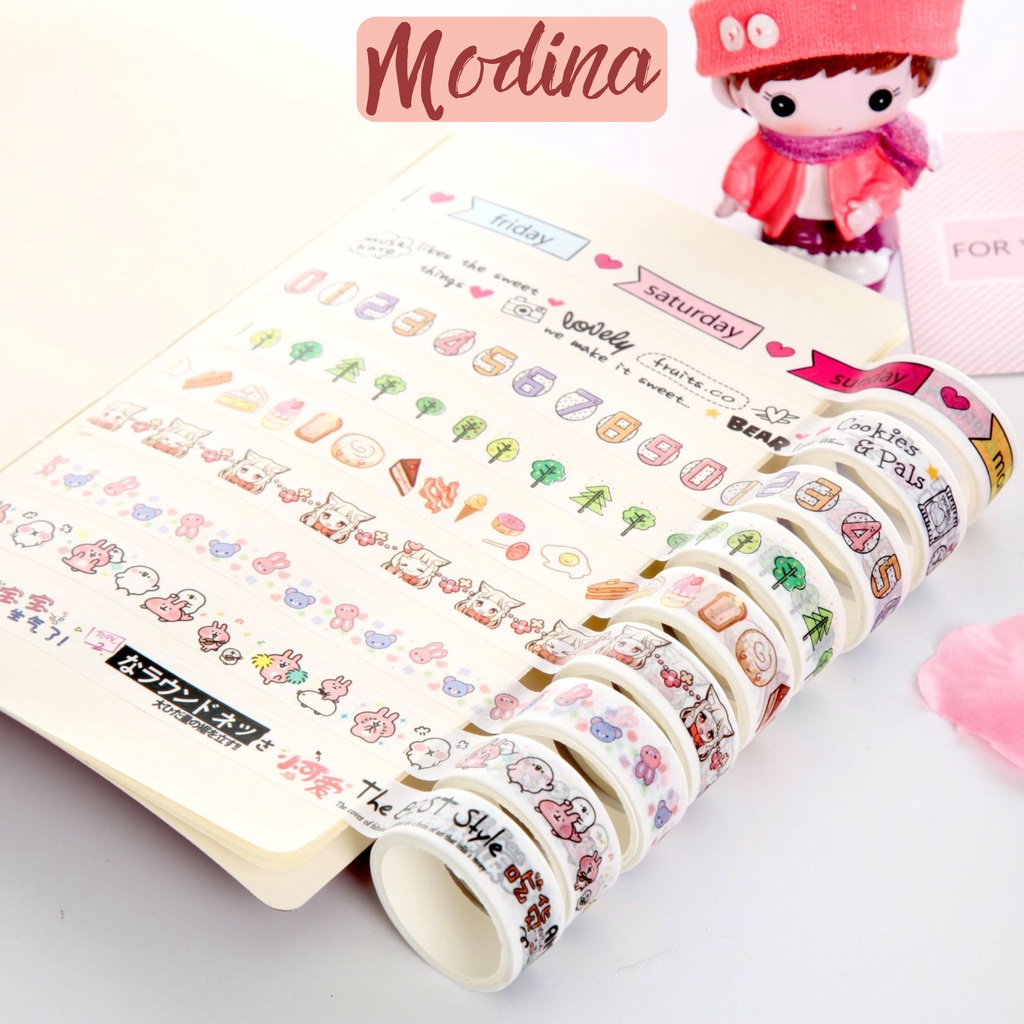 Set 10 cuộn washi tape caro trang trí hoạt hình cute ngộ nghĩnh hàn quốc
