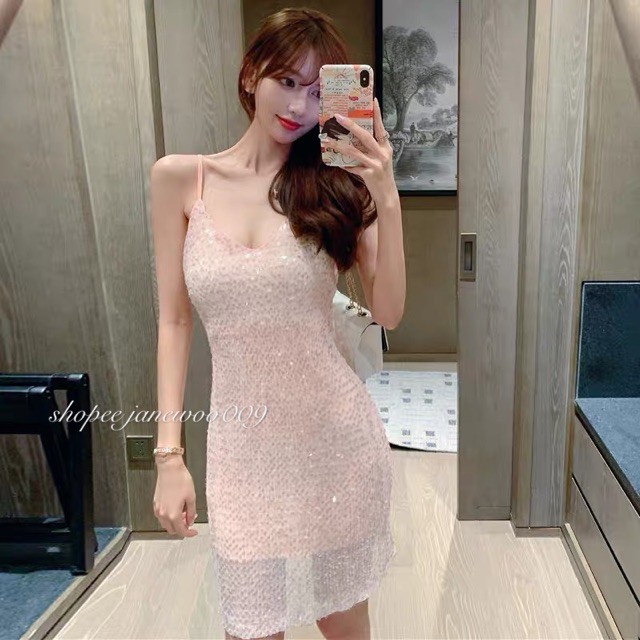 JANE Đầm dự tiệc hai dây ôm dáng kết vảy kim tuyến Bling Bling R35