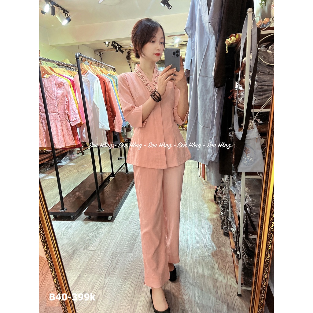 QUẦN ÁO PHẬT TỬ CAO CẤP - pháp phục nữ vải đũi Nhật mát nhẹ - áo lam đi chùa cổ V không thêu lên dáng đẹp B40