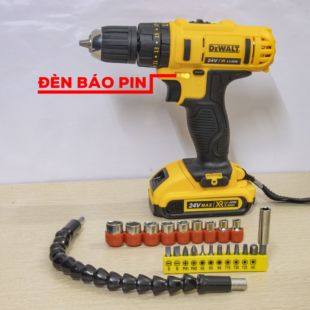 [TẶNG BỘ PHỤ KIỆN 22 CHI TIẾT] Máy khoan pin cầm tay DEWALT 24v có búa - khoan 3 chức năng - máy bắt vít - pin 5 cell