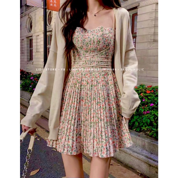 Set Váy Hoa Tinh Khôi Kiểu Pháp Thắt Eo Nhẹ Nhàng