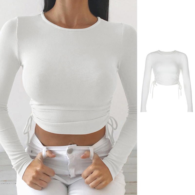 Áo Croptop Tay Dài Cổ Tròn Màu Trơn Dáng Ôm Thời Trang Mùa Thu Cho Nữ