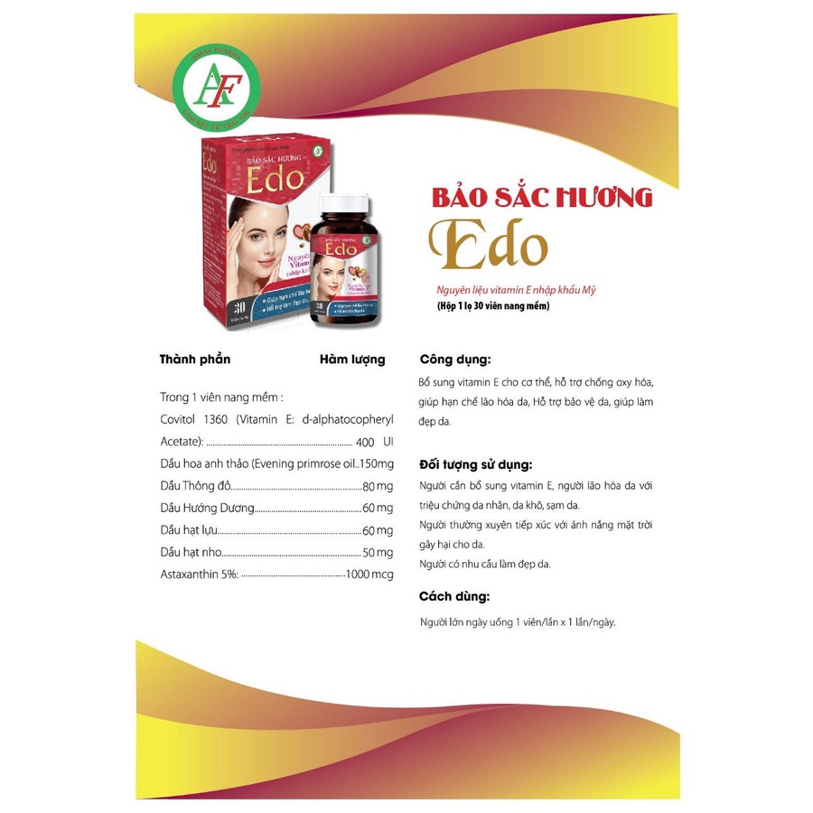 Bảo sắc hương Edo hộp 30 viên, Viên uống bổ sung vitamin E, giảm lão hóa da, giúp làm đẹp da Quà tặng 20 11