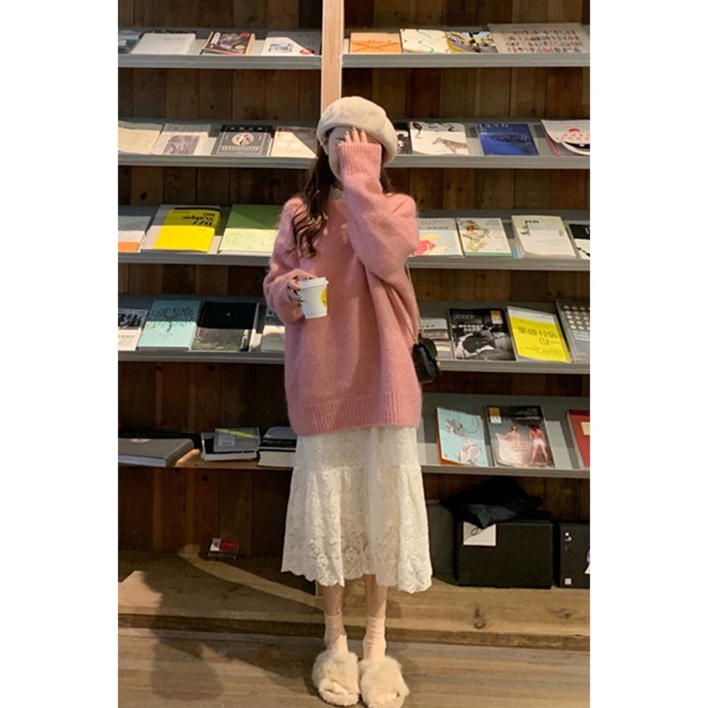 Set áo len + váy ren