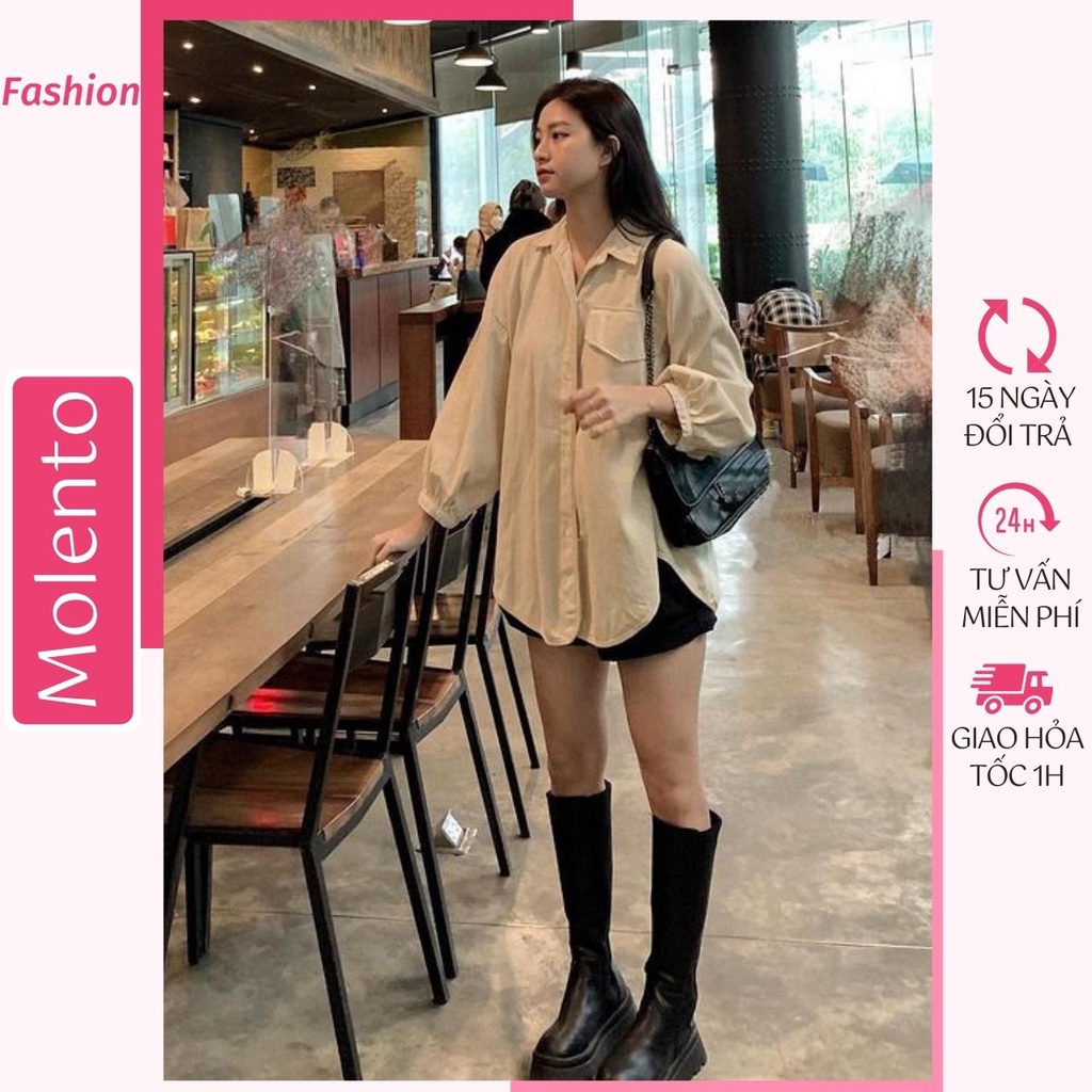 Áo Sơ Mi Nữ Form Rộng Túi Ngực Tay Bo Molento Áo Khoác Sơ Mi Oversize Dưới 62kg Chất Thô Mềm Mại Thấm Hút Mồ Hôi - M112