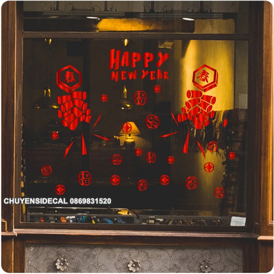 Decal trang trí Tết - Dây Pháo Hoa nổi bật Happy New Year ( ĐỎ - VÀNG )
