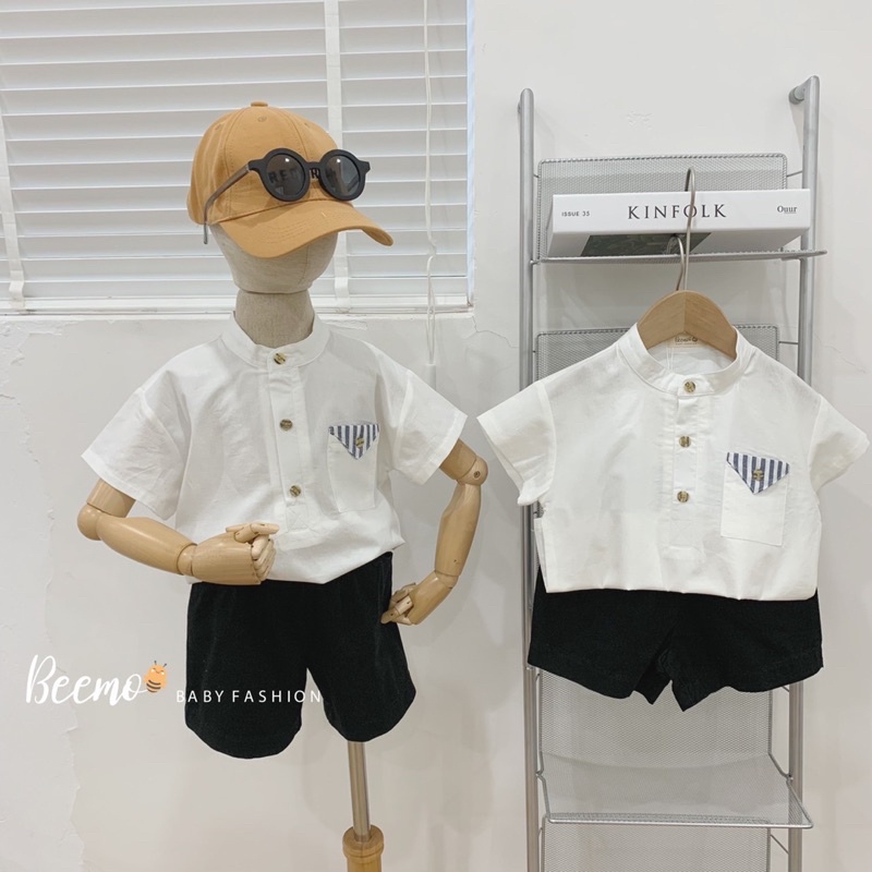 Set áo sơ mi trắng cổ tàu bé trai