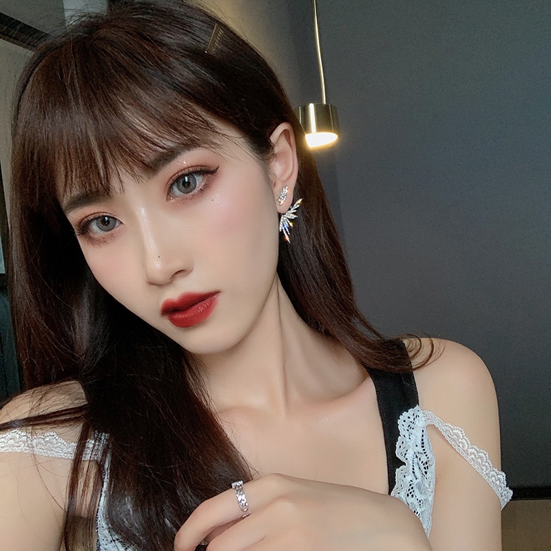 Bông Tai Mạ Bạc 925 Hình Lông Vũ Đính Đá Sang Trọng Phong Cách Hàn Quốc