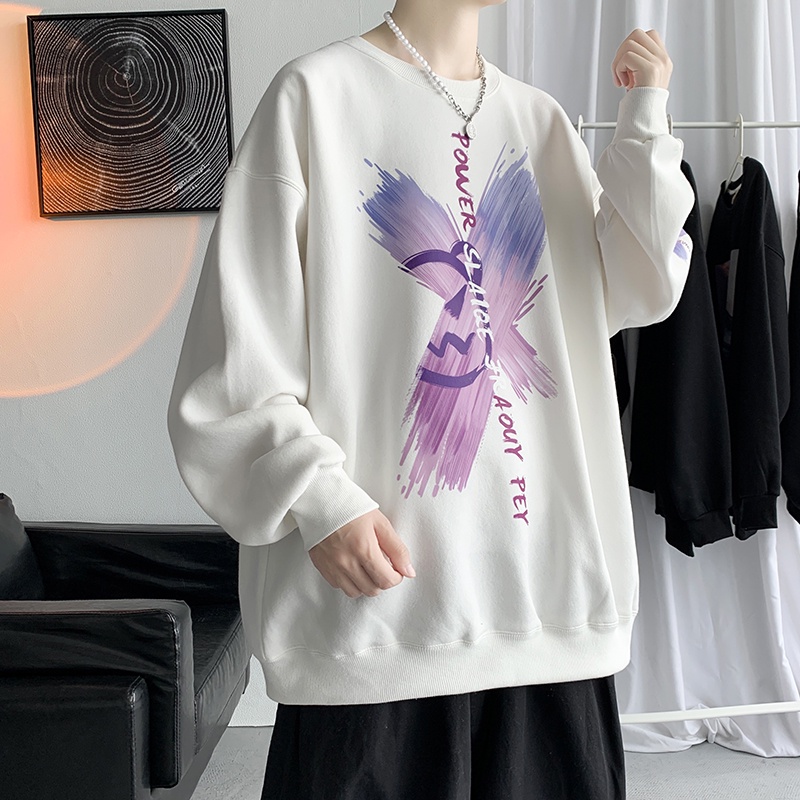 Áo Sweater tay dài cổ tròn dáng rộng in họa tiết phong cách Harajuku thời trang mùa đông mới cho nam