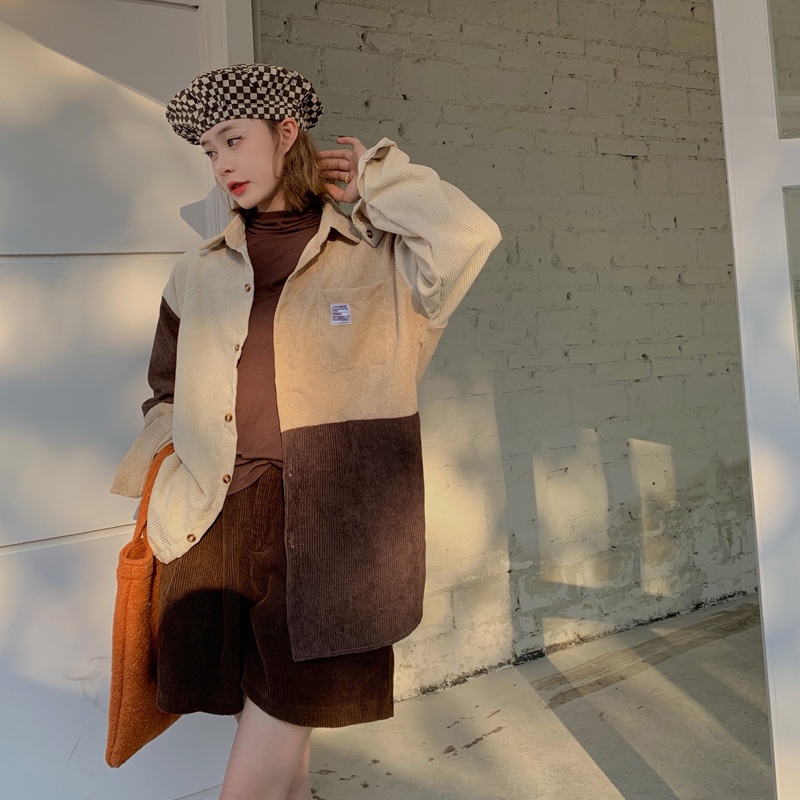 Áo khoác SUXI tay dài vải nhung phối màu tương phản thời trang mùa thu phong cách Hàn Quốc cho nữ