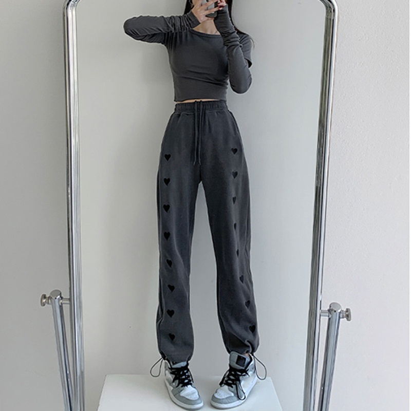 Quần Jogger Lưng Cao Ống Rộng Thêu Họa Tiết Trái Tim Phong Cách Harajuku Cho Nữ
