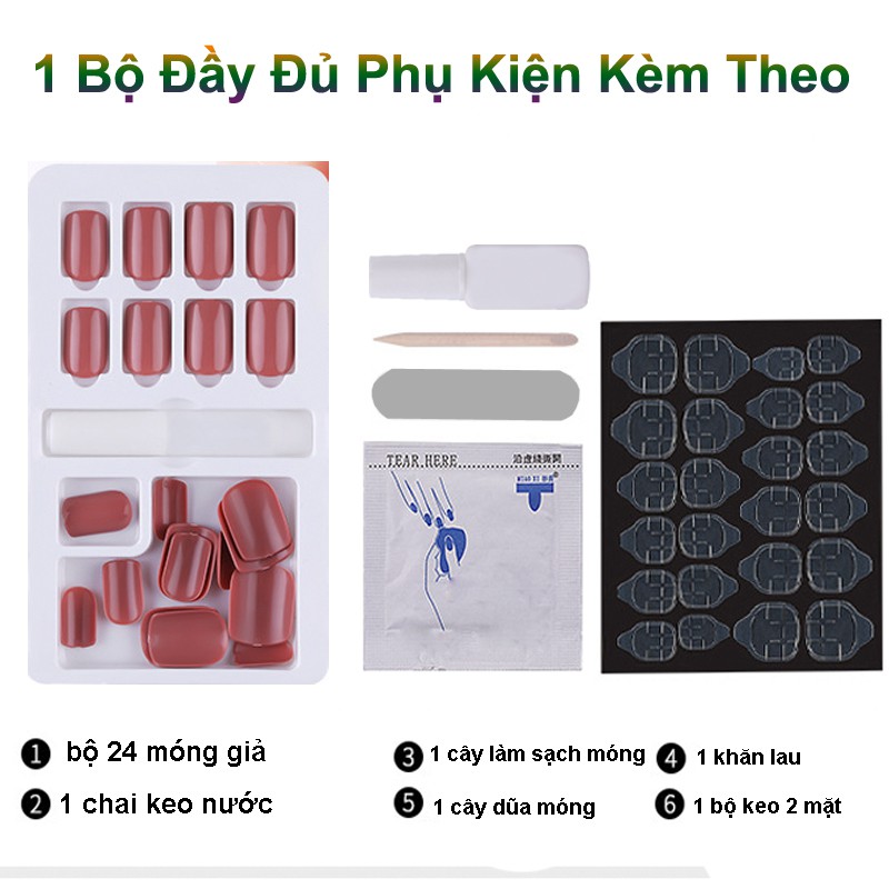 Hộp 24 Móng giả Premium, nail giả, Kèm keo khô và keo nước, Cây dũa (24-04)