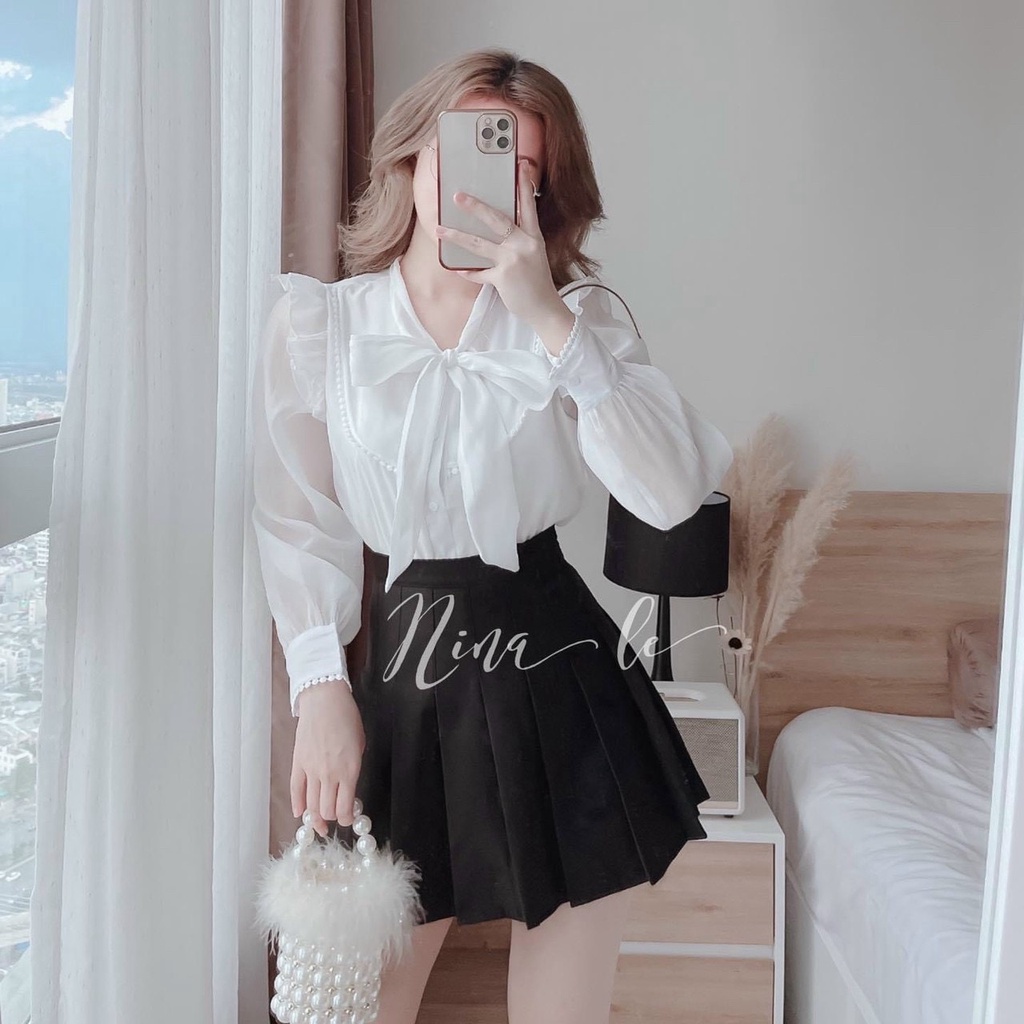 Set Đồ Bộ Áo Sơ Mi Nơ - Đồ bộ Nữ Chân Váy Xếp Ly