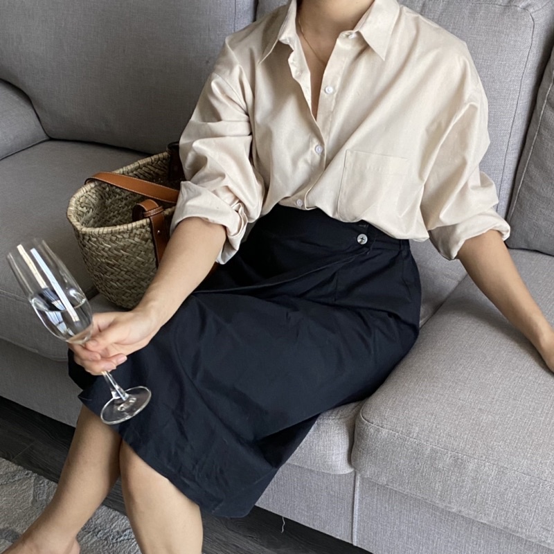 Áo Sơ Mi Dài Tay Chất Liệu Cotton Màu Be dành cho Nữ Heebyohi