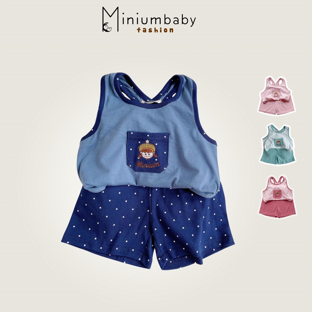Set đồ thiết kế 2 cotton dây cho bé gái phối túi thêu xinh xắn, quần áo trẻ em MiniumBaby-SB1226, bộ không tay hè