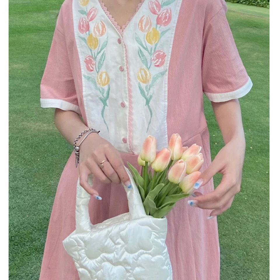 Đầm suông tay ngắn in hình hoa Tulip thời trang Hàn Quốc cho nữ