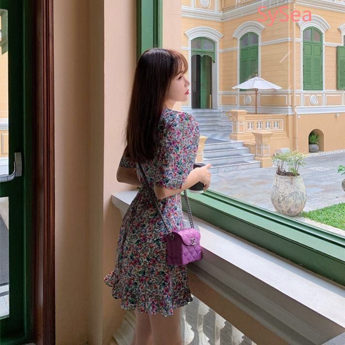 Đầm Voan Hoa Cổ V Phong Cách Hàn Quốc Cho Nữ