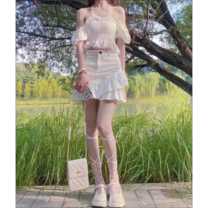 Váy chữ A kaki nhún bèo cạp cao