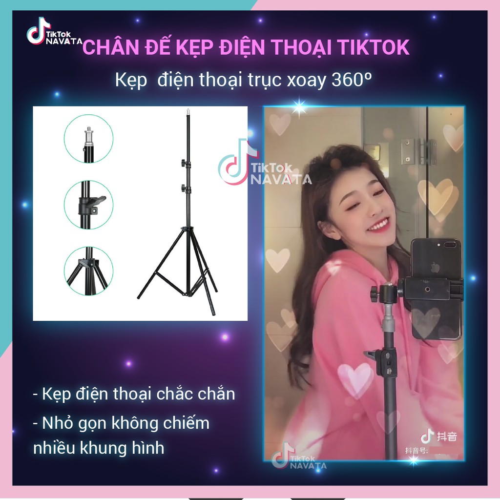 Chân đế điện thoại Tripod quay TikTok, chân đèn livestream giá đỡ Cao 2m1 loại chắc chắn chịu lực tốt