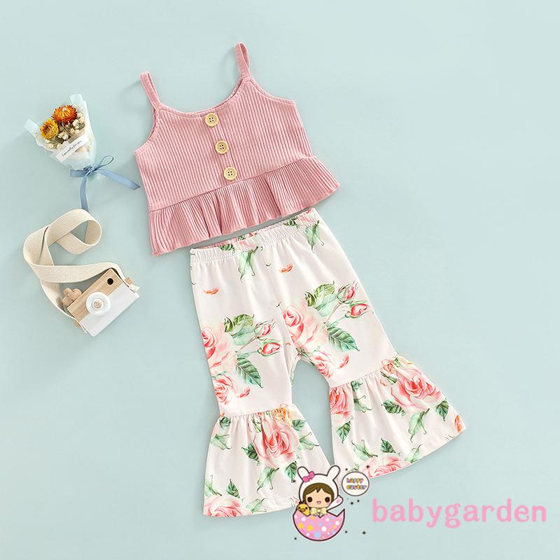 Set Đồ 2 Món Gồm Áo Không Tay Màu Trơn Dệt Kim In Họa Tiết Hoa + Quần Cho Bé Gái Từ 6 Tháng Tuổi