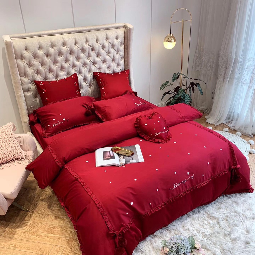 Bộ Chăn Ga Gối Cotton Sateen Lụa Đỏ Tim Bông Kissme - Ga Gối Đám Cưới Cao Cấp