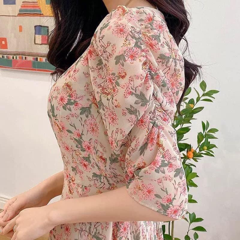 VN73 - VÁY HOA HỒNG CỔ VUÔNG TAY CHUN NỮ | BigBuy360 - bigbuy360.vn