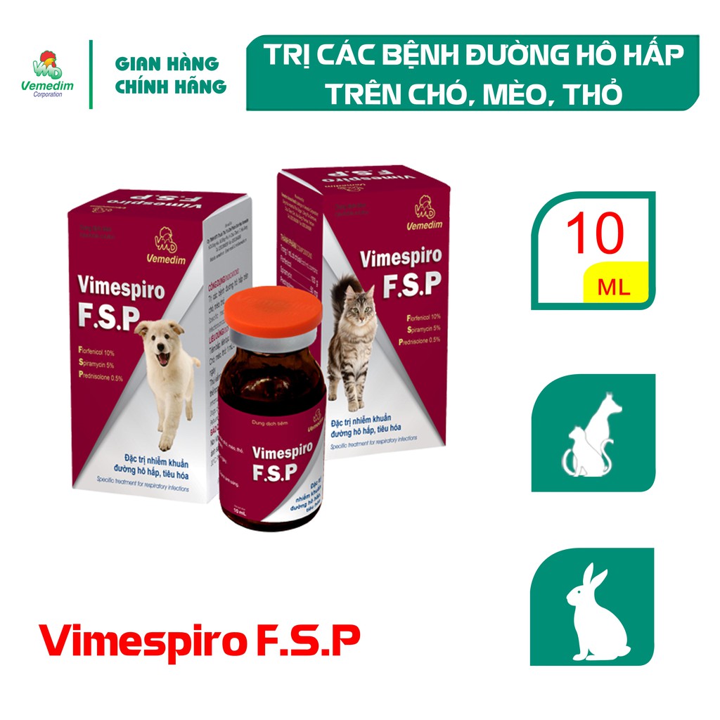 Vemedim Vimespiro F.S.P kháng sinh, kháng viêm dùng cho chó, mèo, thỏ bị hô hấp, chai 10ml