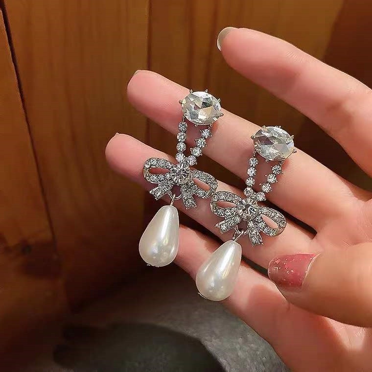 Bông Tai Mạ Bạc 925 Hình Nơ Đính Ngọc Trai Cao Cấp Phong Cách Hàn Quốc